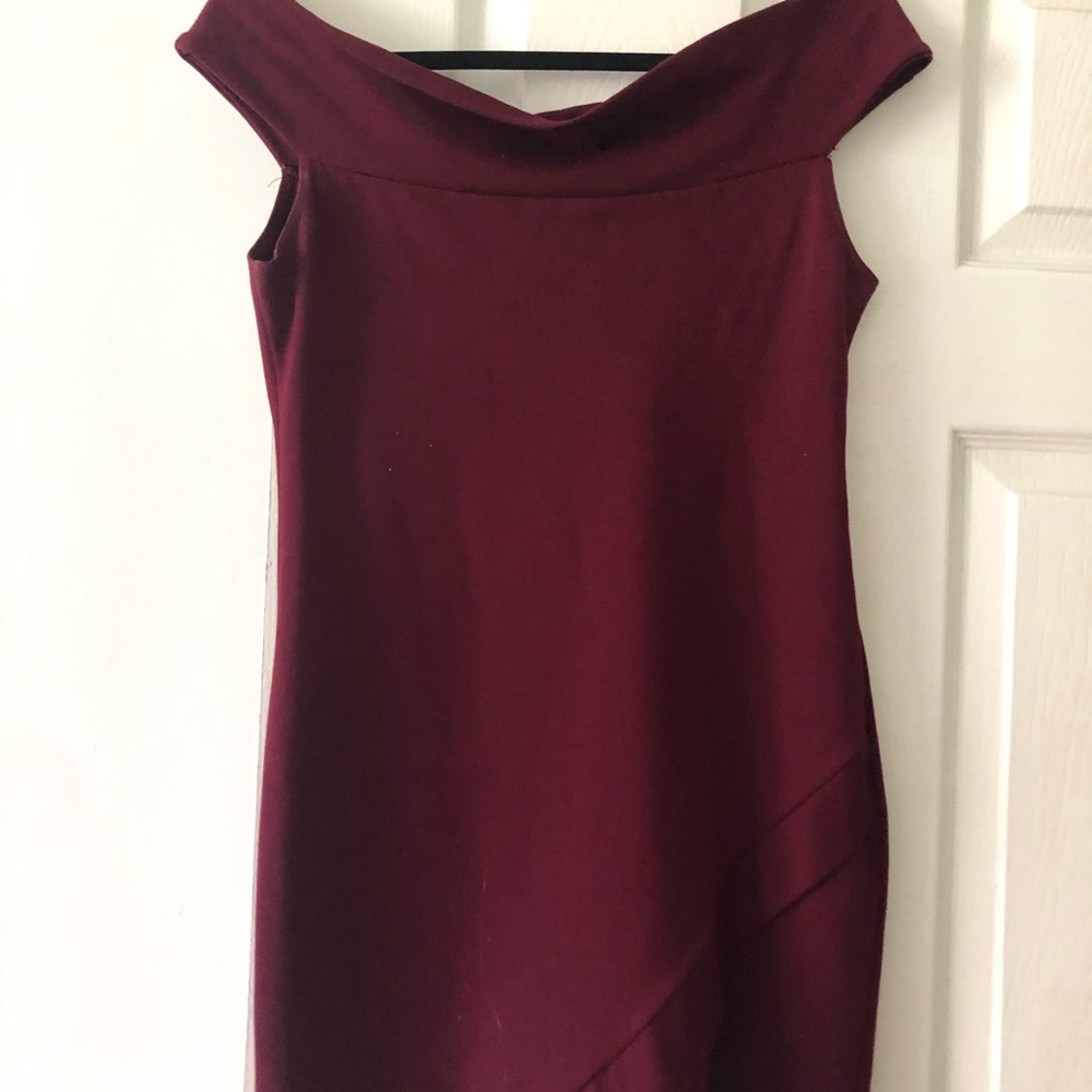 Maroon envelope off the shoulder mini dress